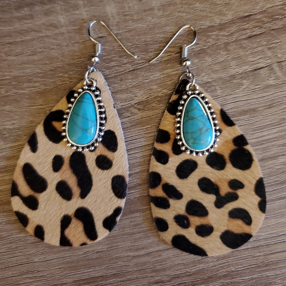 Turquoise, Silver & Leopard Leather Teardrop Shape Earrings